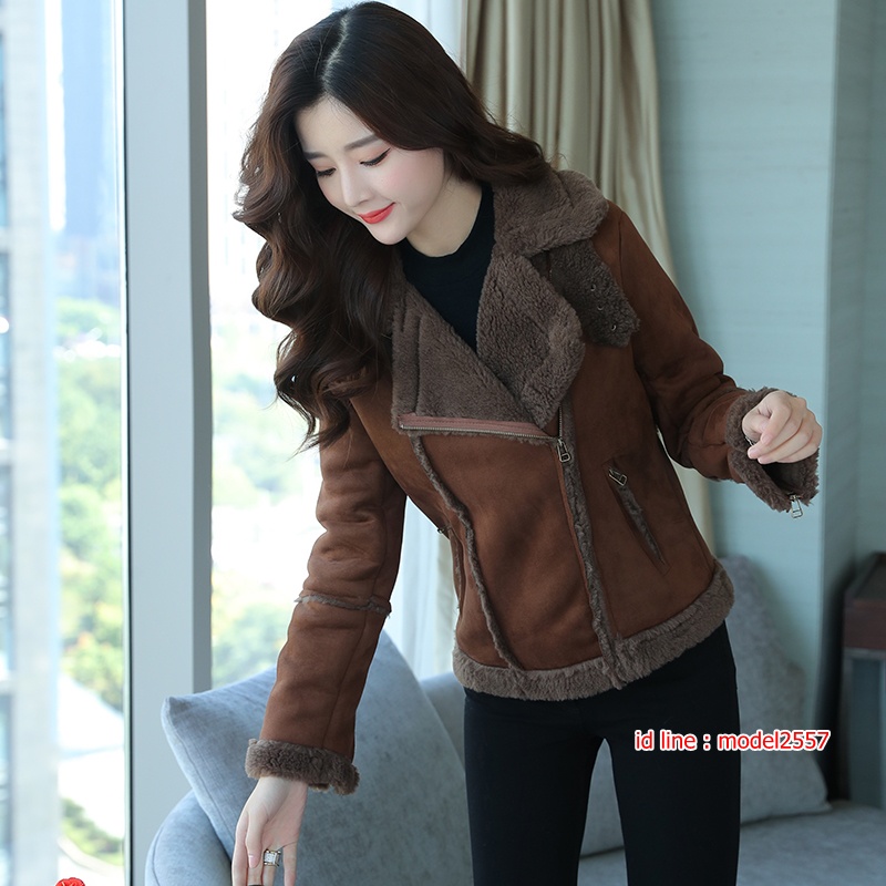 CW6107002 เสื้อโค้ทหนังกลับสีเทาแต่งขนสัตว์อบอุ่นมาก (พรีออเดอร์) น้ำตาลเข้ม S M L XL XXL CW6107002 ตัว