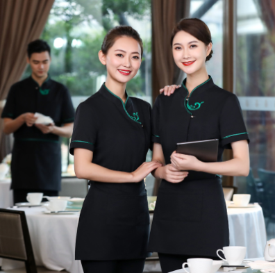 เสื้อฟอร์มพนักงานร้านอาหารกาแฟโรงแรม แขนสั้น ดำ ขาว แดง L-4XL F6705007 เสื้อ+กันเปื้อน ** ขั้นต่ำ 2 ตัว