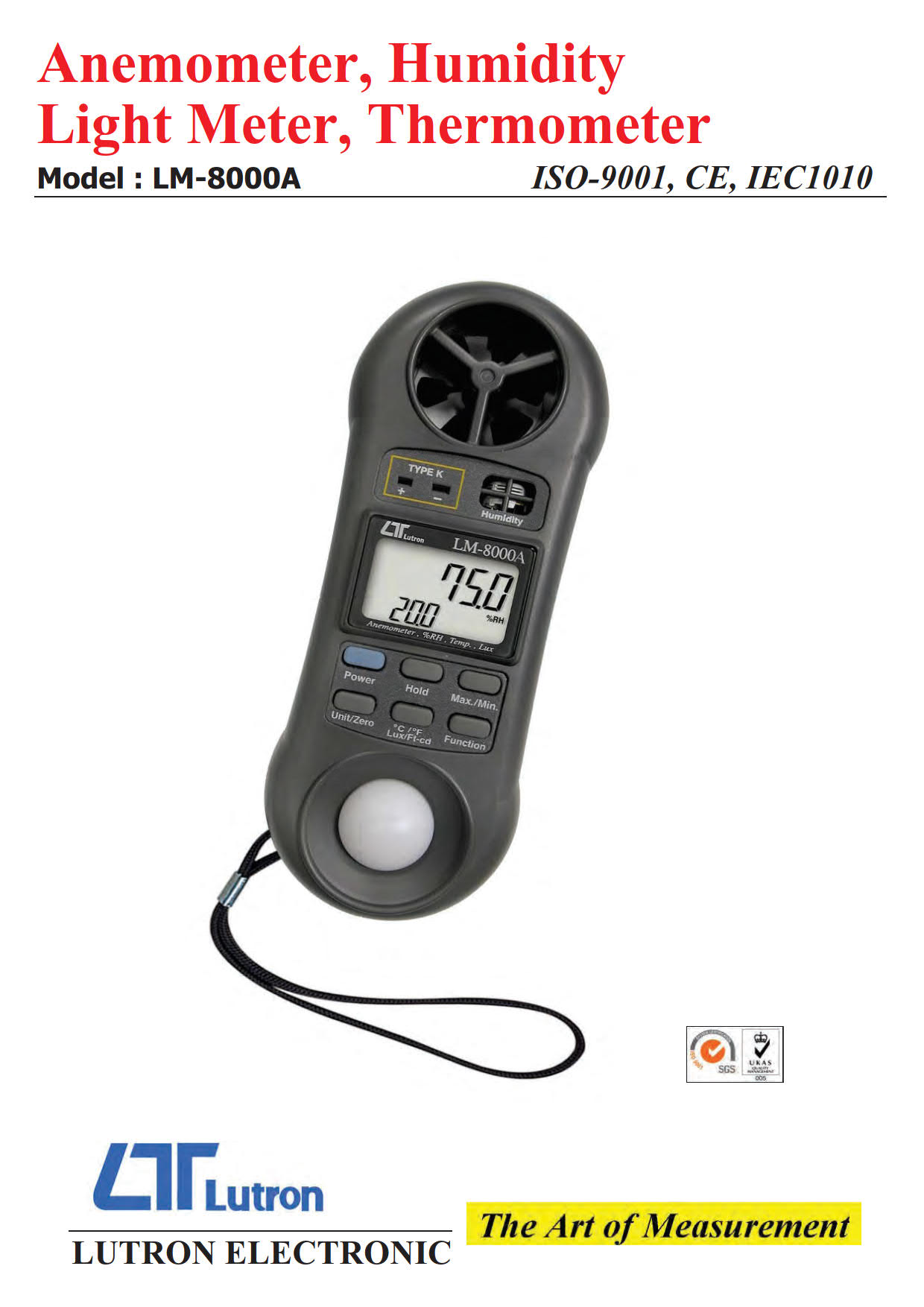 Lutron รุ่น LM-8000A เครื่องวัดความเร็วลม,อุณหภูมิและความชื้นสัมพัทธ์,Anemometer,humidity meter,light meter,thermometer(4-in-1)