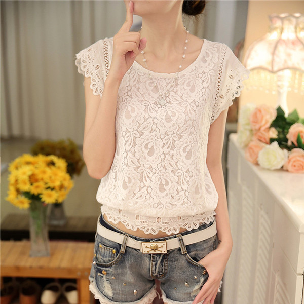 RP5911054 เสื้อลูกไม้เกาหลีสวยหวาน คอกลมแขนสั้นฤดูร้อน(พรีออเดอร์) RP5911054 ตัว