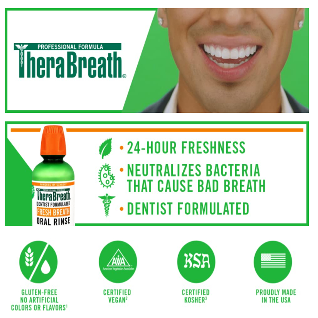 TheraBreath น้ำยาบ้วนปาก สูตรปราศจากแอลกอฮอล์ ได้รับ 24-Hour Fresh Breath Oral Rinse, Mild Mint, 16.0 fl oz
