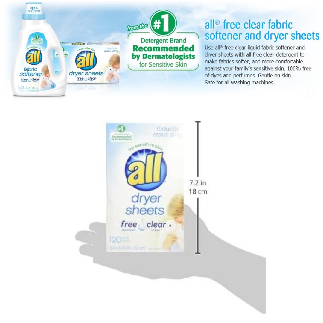 แผ่นอบปรับผ้านุ่ม All Fabric Softener Dryer Sheets for Sensitive Skin, Free Clear, 120 Count ราคา 350 บาท