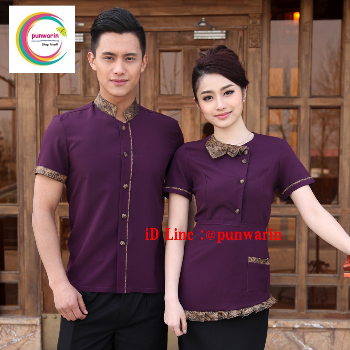 เสื้อฟอร์มพนักงานร้านอาหารกาแฟโรงแรม แขนสั้น แดง ม่วง ดำ L,XL,XXL,3XL F6310004 ตัว
