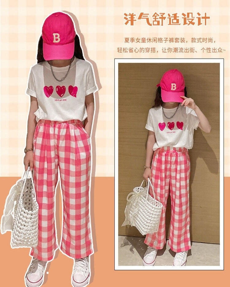 ชุดเซ็ตเสื้อยืดลายหัวใจสีขาว+กางเกงสก็อตชมพู