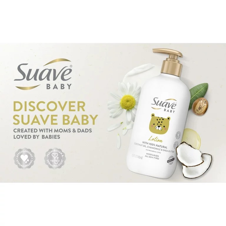 สูตรใหม่🇺🇸 โลชั่นบำรุงผิวทารกให้ความชุ่มชื้นตลอดวัน Suave Baby Lotion 100% Natural Coconut Oil, Chamomile & Shea Butter, 13.5 oz ราคา 420 บาท