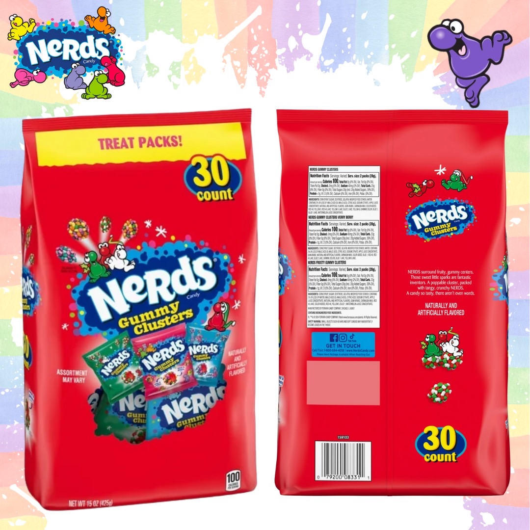 นำเข้า 🇺🇸 NERDS Gummy Clusters Holiday Pack กรอบนอกหนึบใน คละรสผลไม้สุดสนุก 30 ชิ้นในถุงเดียว ราคา 890 บาท