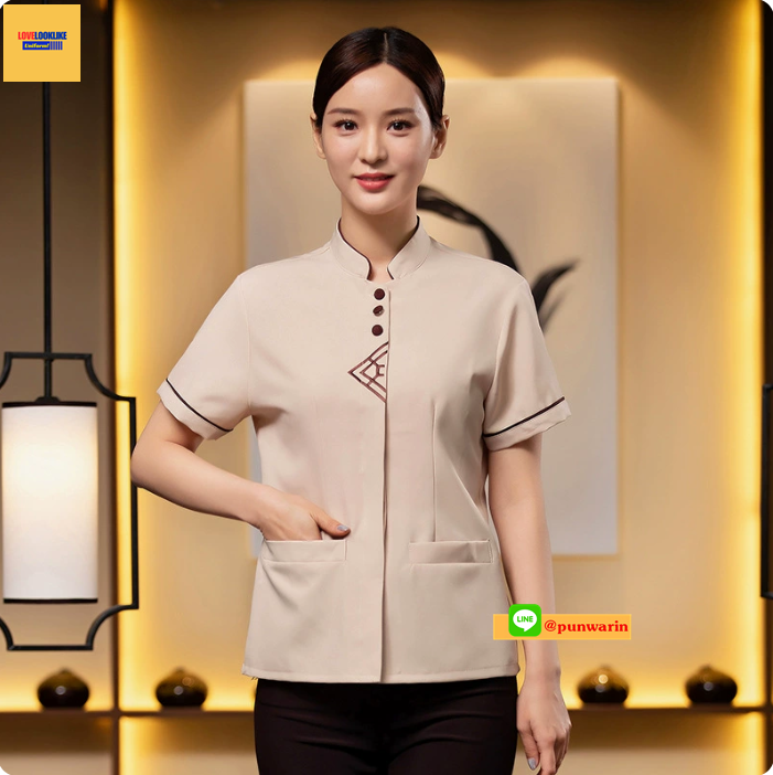 เสื้อพนักงานโรงแรม เสื้อแม่บ้าน ชุดพนักงานทำความสะอาด เบจ และฟ้า L-4XL D6103005 ตัว