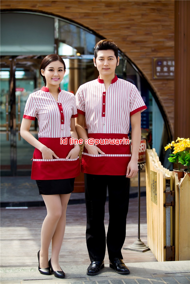 เครื่องแบบชุดฟอร์มพนักงานร้านอาหารกาแฟโรงแรม แขนสั้นผ้าฝ้ายกระดุมหน้า น้ำตาล แดง ม่วง L-3XL F5906001 เสื้อ+กันเปื้อน