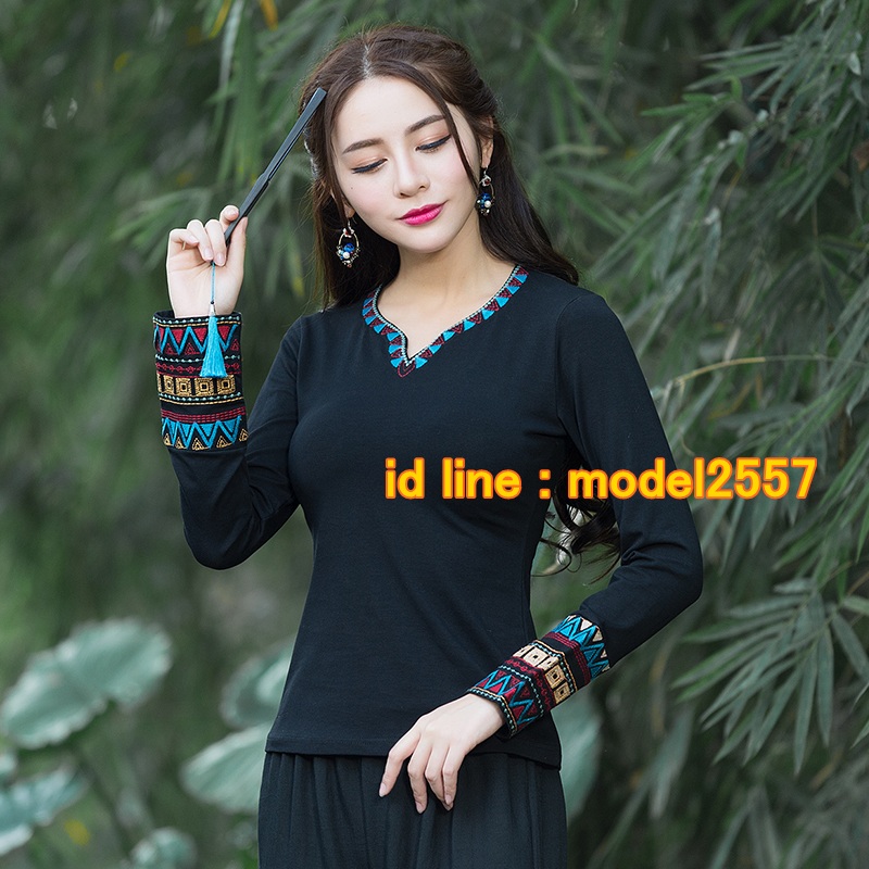 UM6102018 เสื้อยืดแขนยาวโมฮีเมียนสีดำและแดง เย็บปักถักร้อยชาติพันธุ์ UM6102018 ตัว