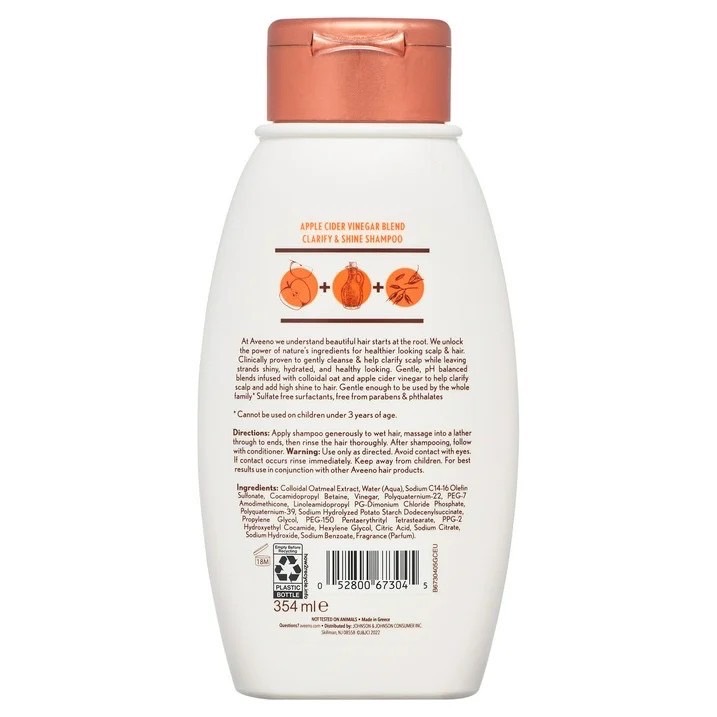นำเข้า USA Aveeno, แชมพู Apple Cider Vinegar Clarifying Shampoo, Shine Enhancing ขนาด 12 ออนซ์ ราคา 690 บาท