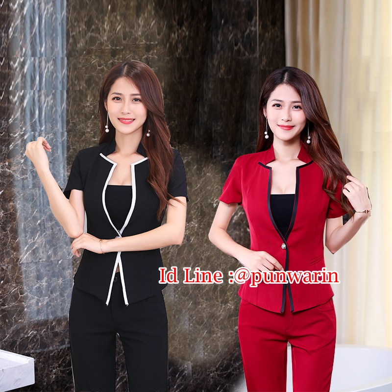 ชุดพนักงานนวดสปา ชุดพนักงานเสริมสวย ชุดทำงาน ชุดสูท ดำ แดง N6308001 ชุด