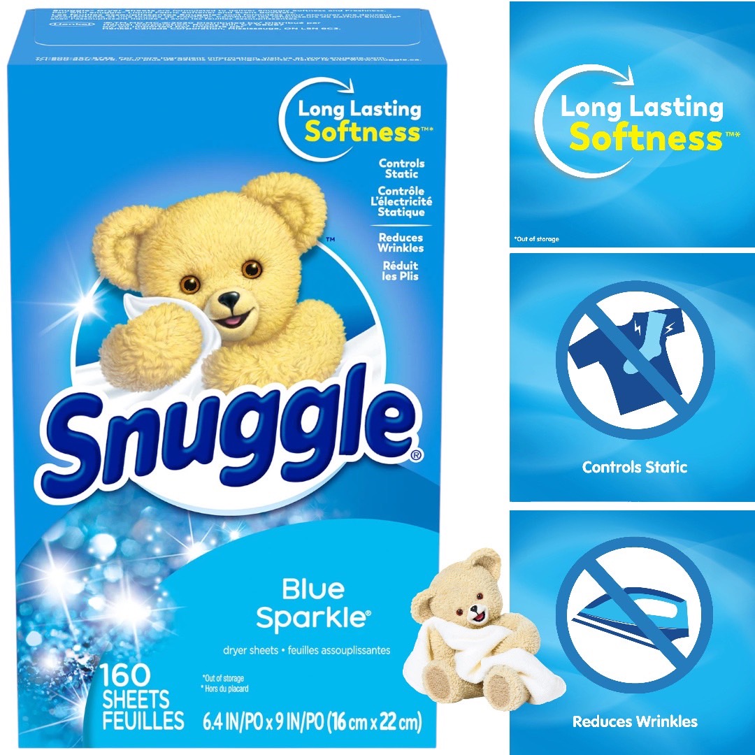 Snuggle แผ่นอบผ้า แผ่นน้ำยาอบผ้านุ่ม แผ่นอบผ้านุ่ม แผ่นอบลดรอยยับ แผ่นอบผ้าหอม แผ่นหอมอบผ้านุ่ม กลิ่นBlue Sparkle 160 แผ่น ราคา 450 บาท