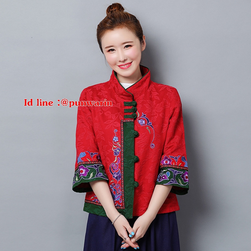เสื้อยืดเกาหลี แขนยาวสีแดงโมฮีเมียนแต่งงานเย็บปักถักร้อย สำหรับผู้หญิงวัยกลางคน แดง เขียว ดำ M-2XL UM6210002 ตัว