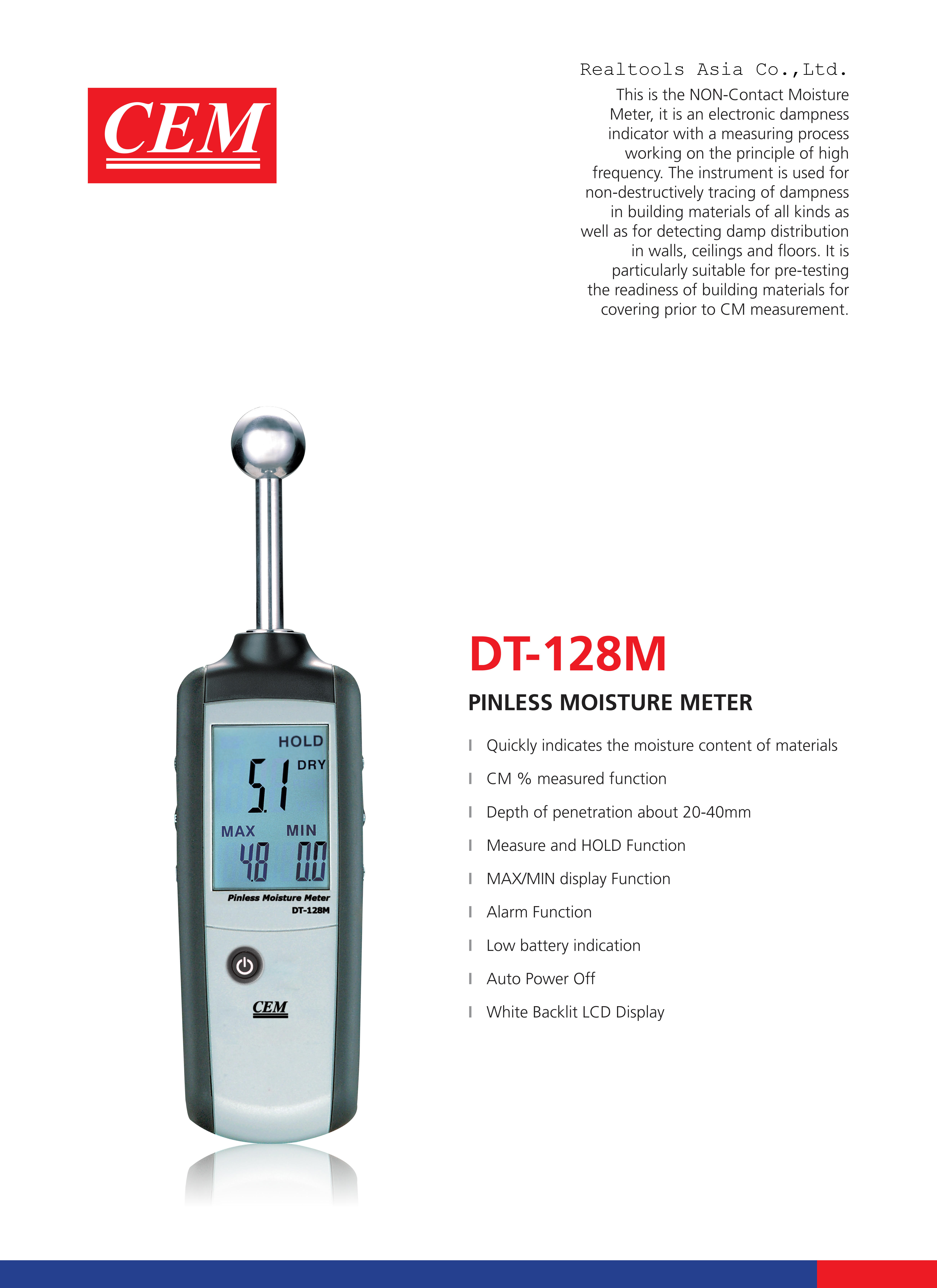 CEM รุ่นDT-128Mเครื่องวัดความชื้นของวัสดุก่อสร้าง,Pinless(non-contact/type)moisture meter,meas.range:0.0~100.0digit.