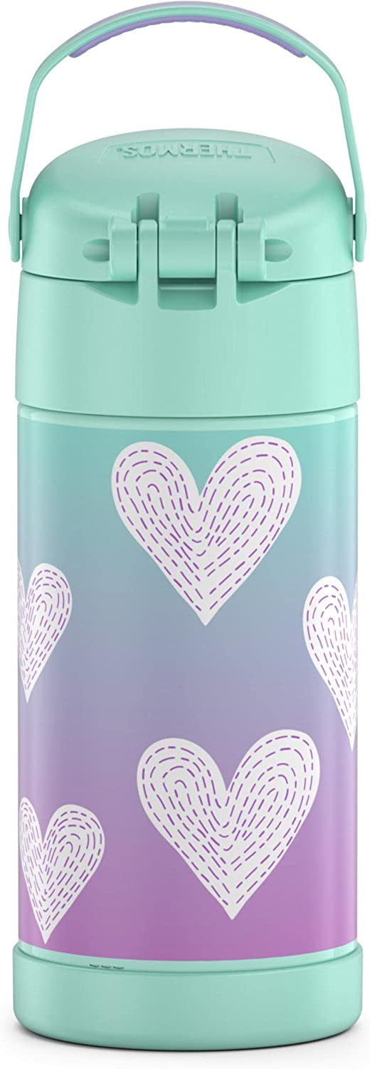 New กระติกน้ำเก็บความเย็น มีหูหิ้ว 12 Ounce Stainless Steel Vacuum Insulated Kids Straw Bottle, Purple Hearts