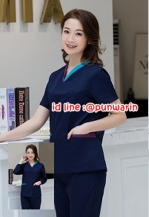 ชุดฟอร์มพนักงานสำเร็จรูป ชุดหมอผ่าตัด ชุดพยาบาลห้องผ่าตัด เอวยางยืด สีกรมท่า S-2XL TK6302012 ชุด