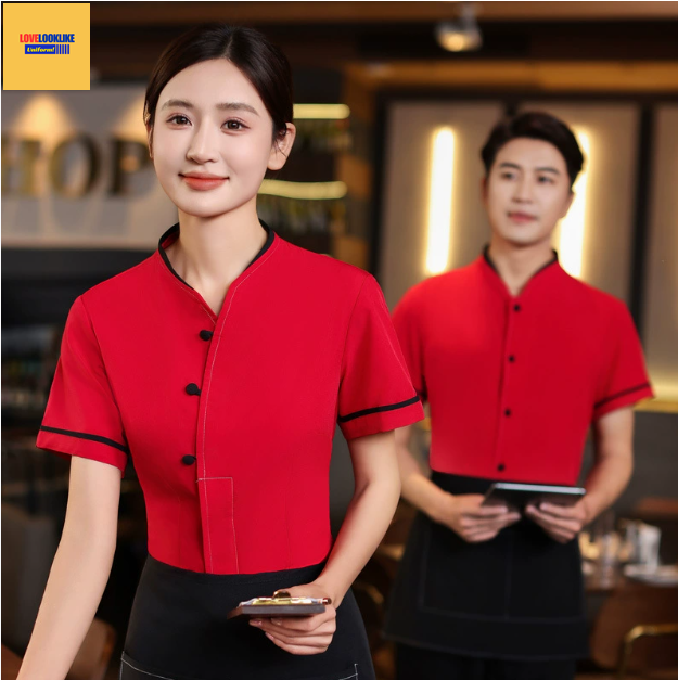 เสื้อฟอร์มพนักงานร้านอาหารกาแฟโรงแรม แขนสั้นผ้าฝ้ายคอจีน ดำ แดง M-4XL F6805006 ตัว