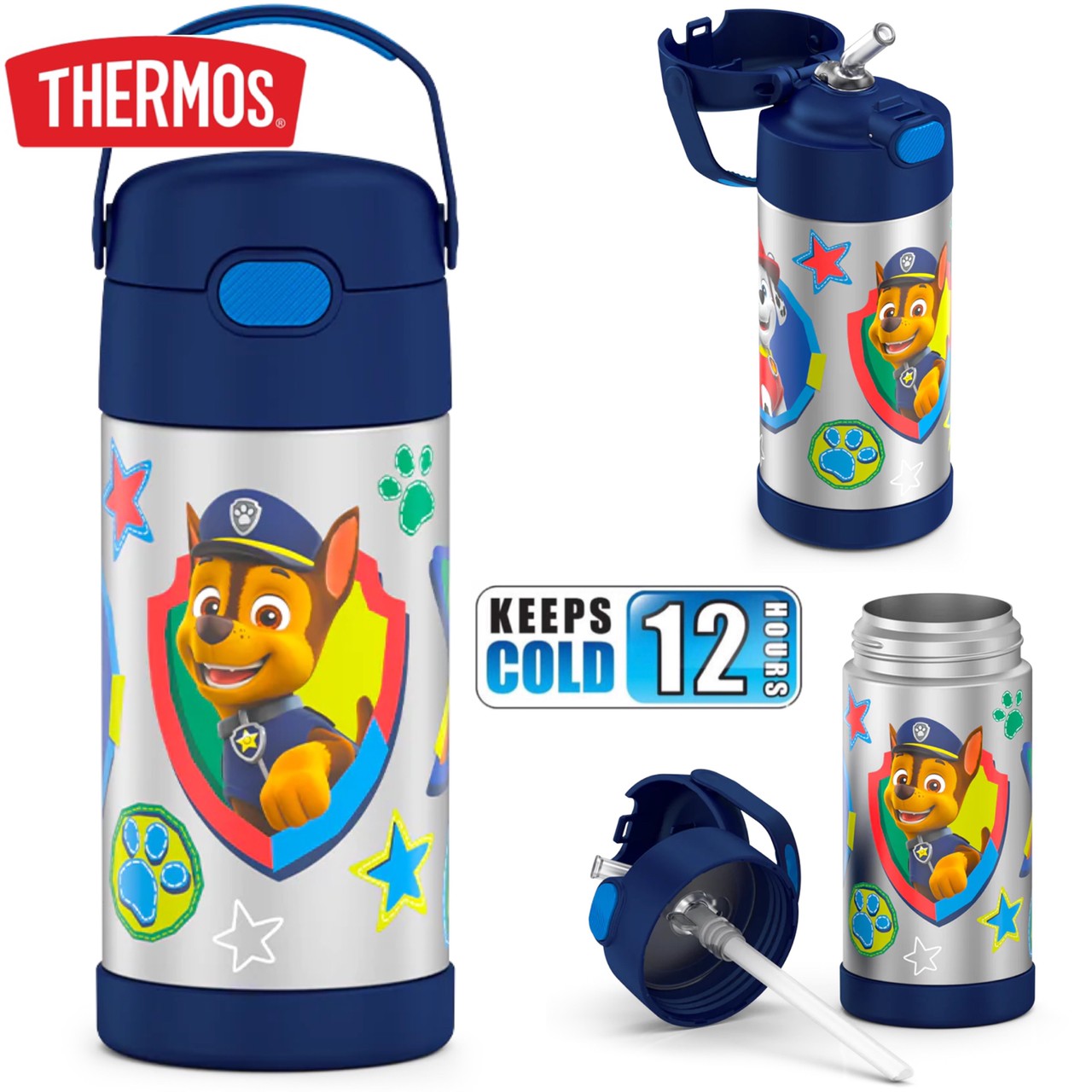 THERMOS FUNTAINER 12 Ounce Stainless Steel Vacuum Insulated Kids Straw Bottle, Blue Paw Patrol ราคา 990 - บาท