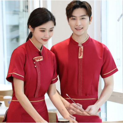 เสื้อฟอร์มพนักงานร้านอาหารกาแฟโรงแรม แขนสั้น แดง กรมท่า ม่วง L-5XL F6706008 เสื้อ ** ขั้นต่ำ 2 ตัว