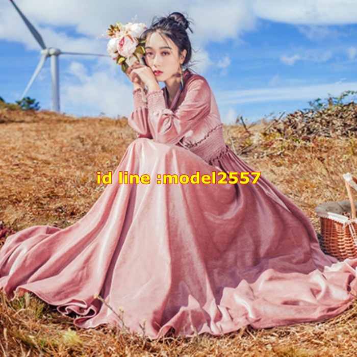 DB6112002 ชุดกระโปรงบานย้วยยาวโมฮีเมียนกำมะหยี่หรูหรามีระดับ ฟ้า ชมพู S M L DB6112002 ตัว