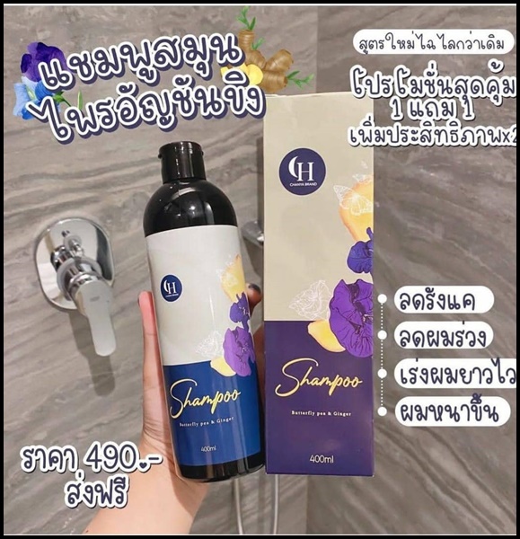 ชรแฮร์เฮิร์บ แชมพูสมุนไพรสดอัญชันขิง Chorn Hairherb เร่งยาว ลดการหลุดร่วง (1 แถม 1 ) ส่งฟรี