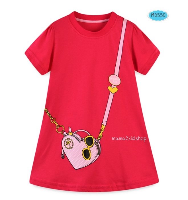 เสื้อยืดตัวยาวลายกระเป๋าสีชมพูเข้ม