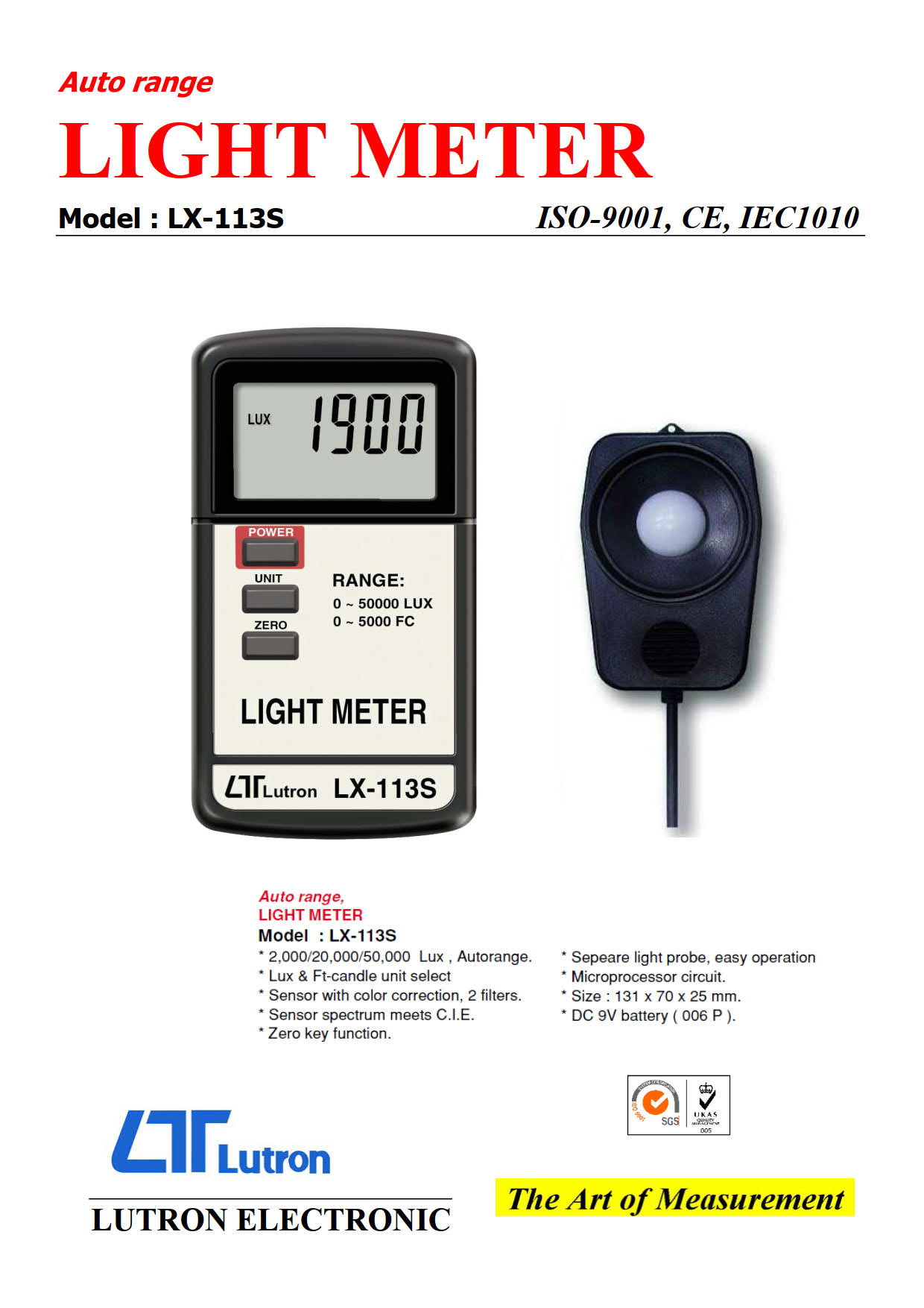 Lutron รหัส LX-113S เครื่องวัดแสง,Auto-range light meter,lux&foot candles,3 ranges