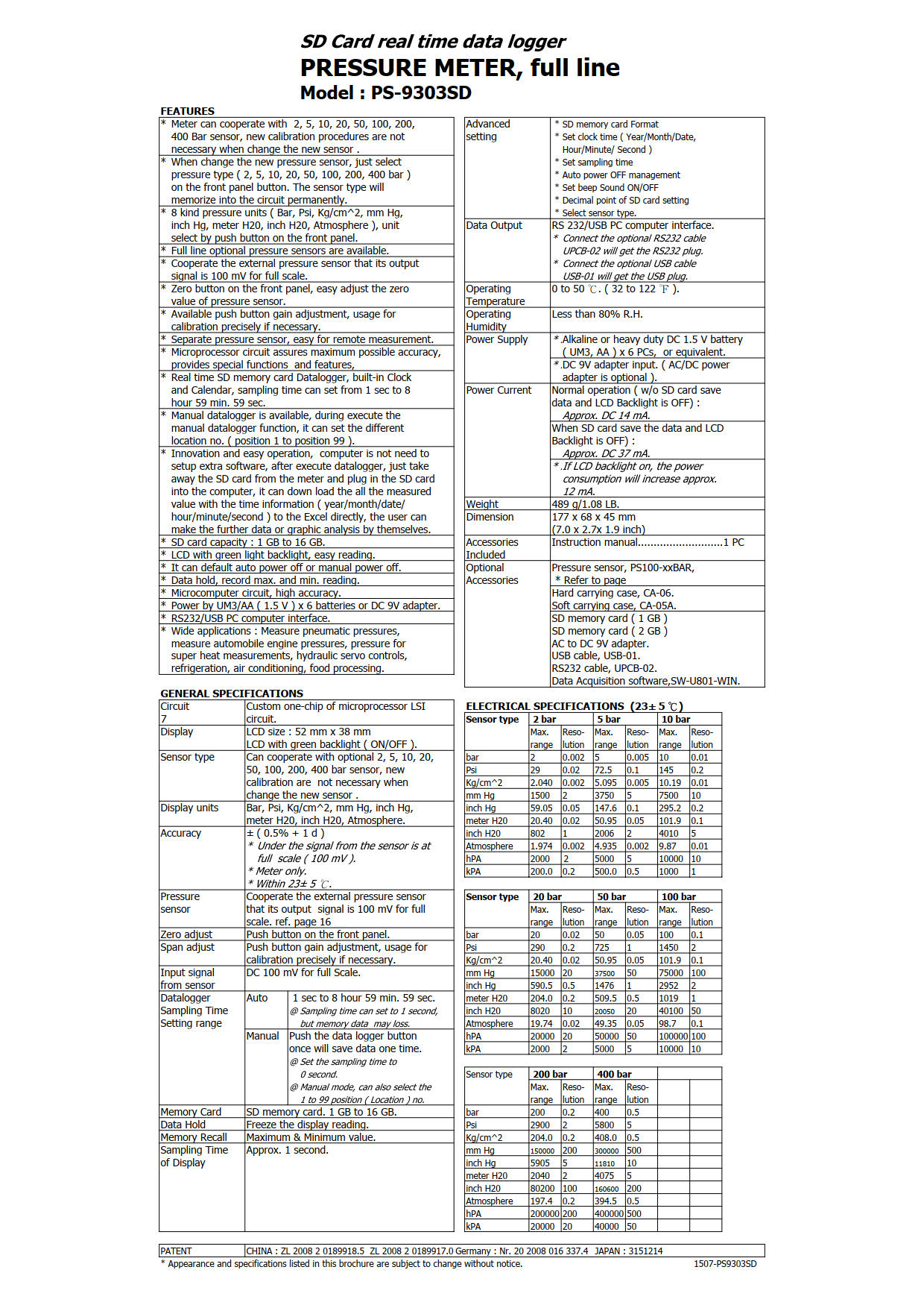 Lutron รุ่นPs-9303sdเครื่องวัดแรงดันHand Held Pressure Meter with SD Card Data Logger