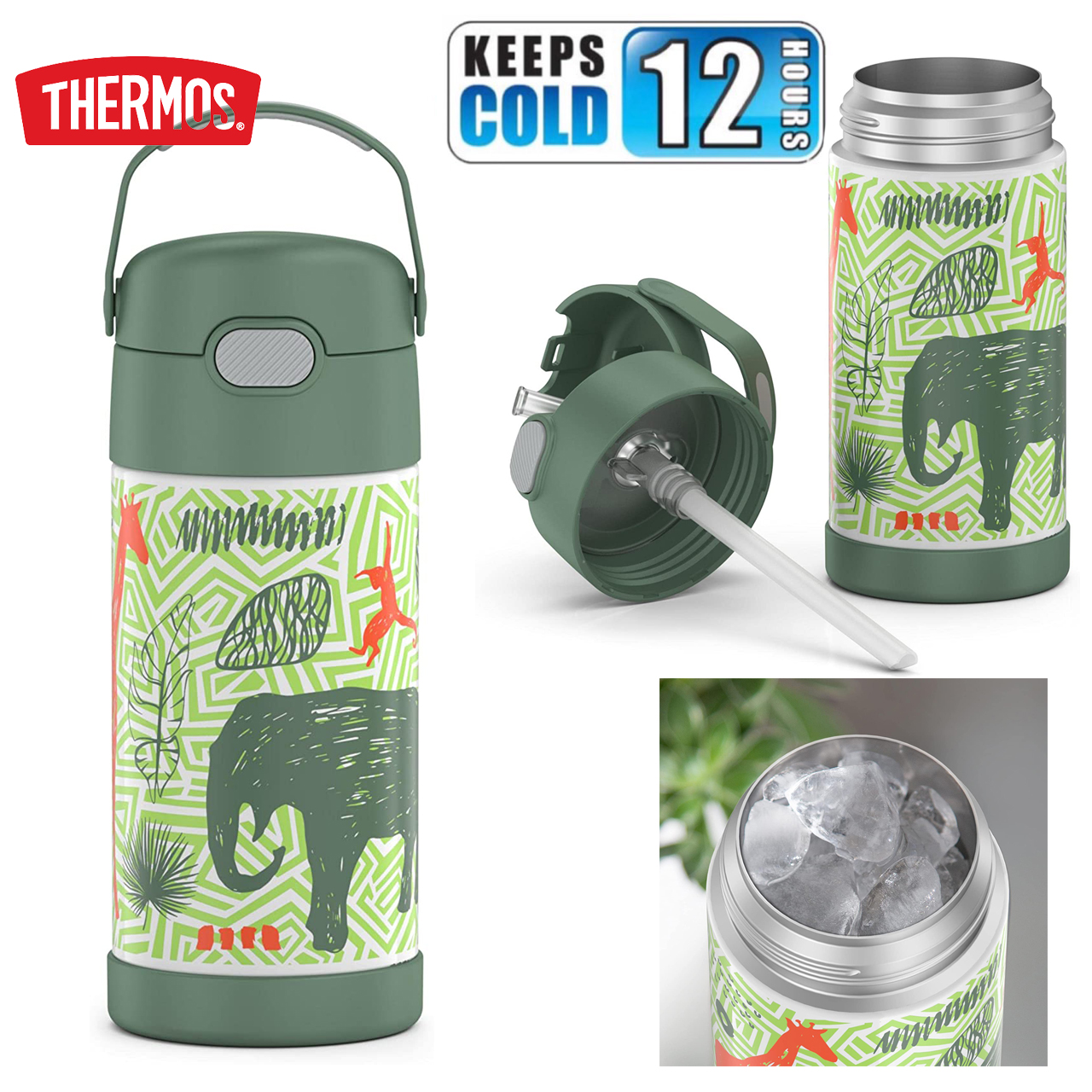 กระติกดูดน้ำแตนเลสหุ้มฉนวนสุญญากาศยี่ห้อ Thermos ของแท้ขนาด 12 ออนซ์ ลาย Jungle Kingdom ราคา 990 - บาท