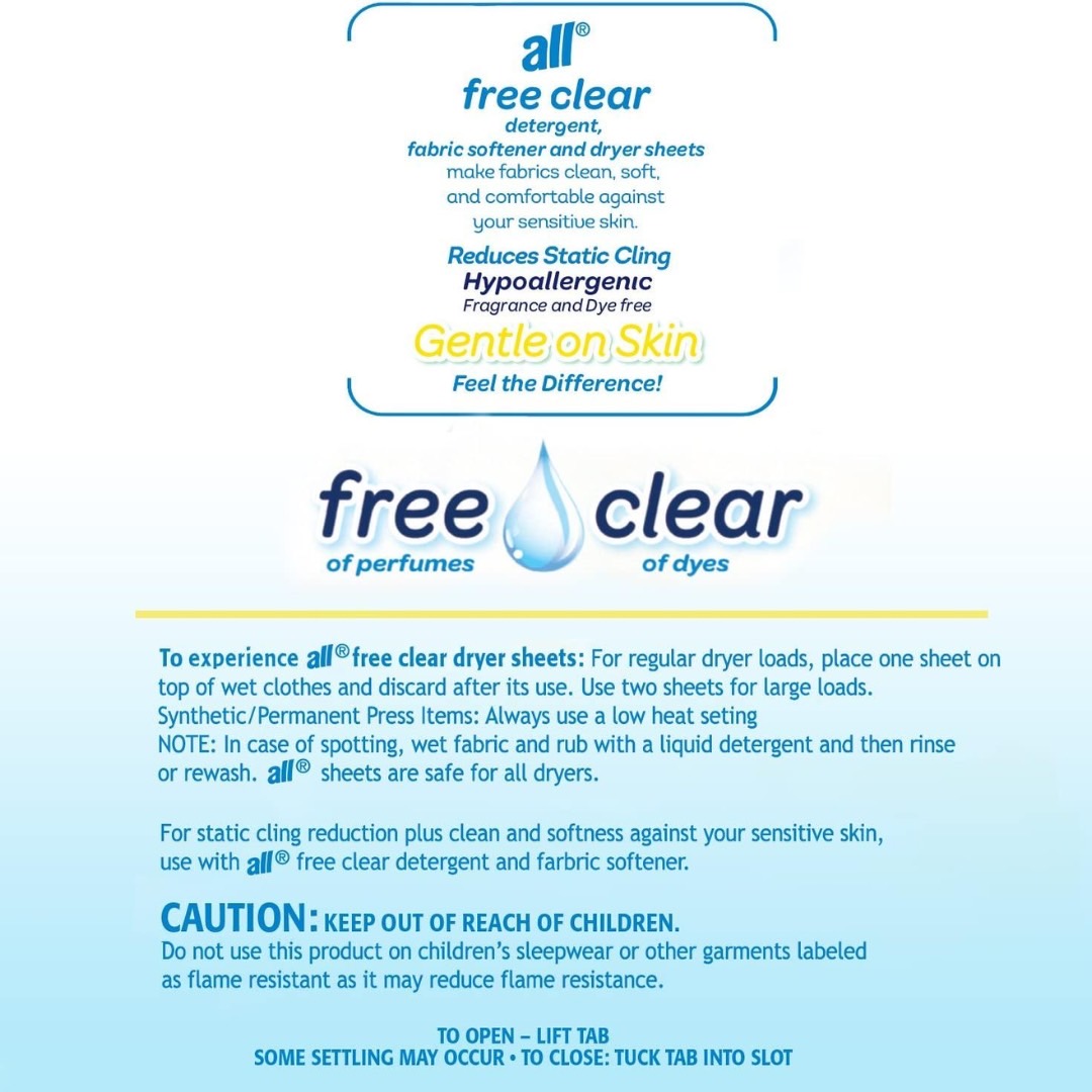 แผ่นอบปรับผ้านุ่ม All Fabric Softener Dryer Sheets for Sensitive Skin, Free Clear, 120 Count ราคา 350 บาท