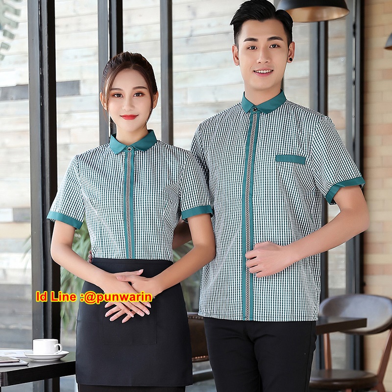 เสื้อพนักงานต้อนรับ เสื้อพนักงานเสริฟ เสื้อพนักงานโรงแรม เสื้อพนักงานร้านอาหารจีน ดำ แดง ม่วง เขียว L-3XL F6307007 เสื้อ+ ผ้ากันเปื้อนตามรูป