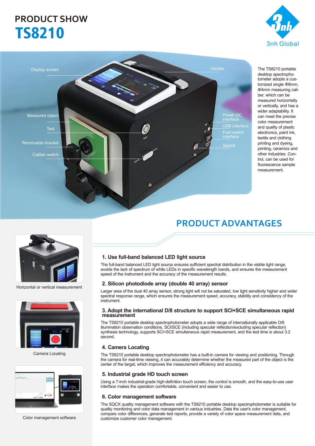 3nh รุ่นTS8210เครื่องสเปกโทรโฟโตมิเตอร์แบบตั้งโต๊ะขนาดกระทัดรัดPortable Desktop Spectrophotometer/Geometry D/8,Wavelength Range:400~700nm