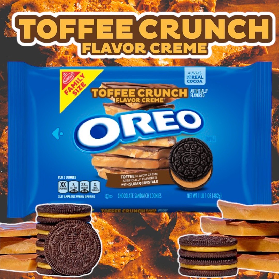 ใหม่!! นำเข้า🇺🇸 โอริโอ้ท๊อฟฟี่ครั้นช์ครีมคุกกี้แซนวิช OREO Toffee Crunch Creme With Sugar Crystals Chocolate Sandwich Cookies, Family Size ขนาดใหญ่ 17 oz