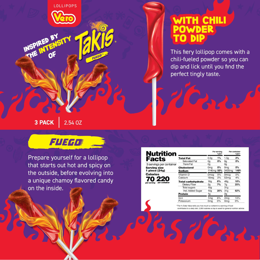 ขนมนำเข้า ยอดฮิต🇺🇸 Vero Takis Chamoy Artificially Flavored Lollipop with Chili Pepper Powder - อมยิ้ม อมยิ้มรสเค็มเผ็ดเปรี้ยวหวานครบรส ถุงละ 3 แท่ง 2.54 oz. ราคา 175 บาท