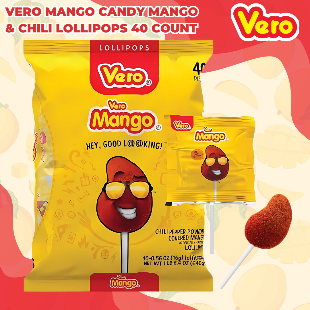 นำเข้า USA 🍭 ลูกอม 🥭 Vero Mango Candy Mango & Chili Lollipops ราคา 500 บาท /ถุงใหญ่ 40 ชิ้น