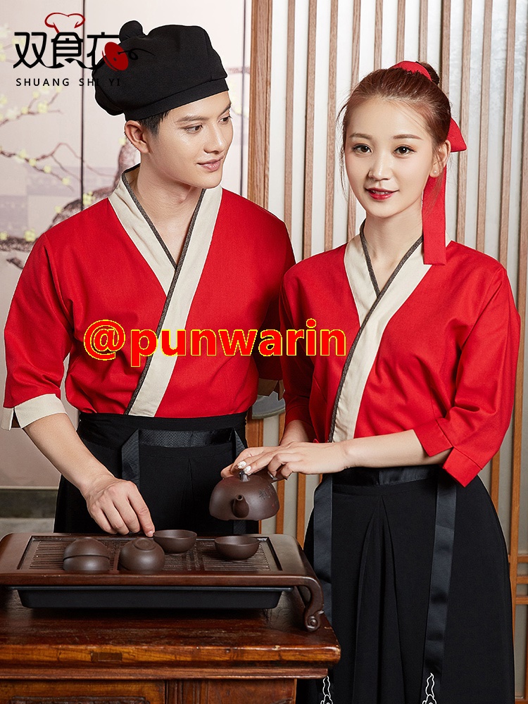 สไตล์จีน Hanfu บริกรชายและหญิงโดยรวมแขนสามในสี่ร้านอาหารจัดเลี้ยงร้านอาหารหม้อไฟสี่ฤดู สีภาพ S-3XL CH6607002 เสื้อตัวเดียว