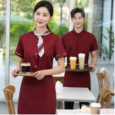 เสื้อฟอร์มพนักงานร้านอาหารกาแฟโรงแรม แขนสั้น แดง เทา ดำ L-5XL F6705006 เสื้อ+กันเปื้อน ** ขั้นต่ำ 2 ตัว