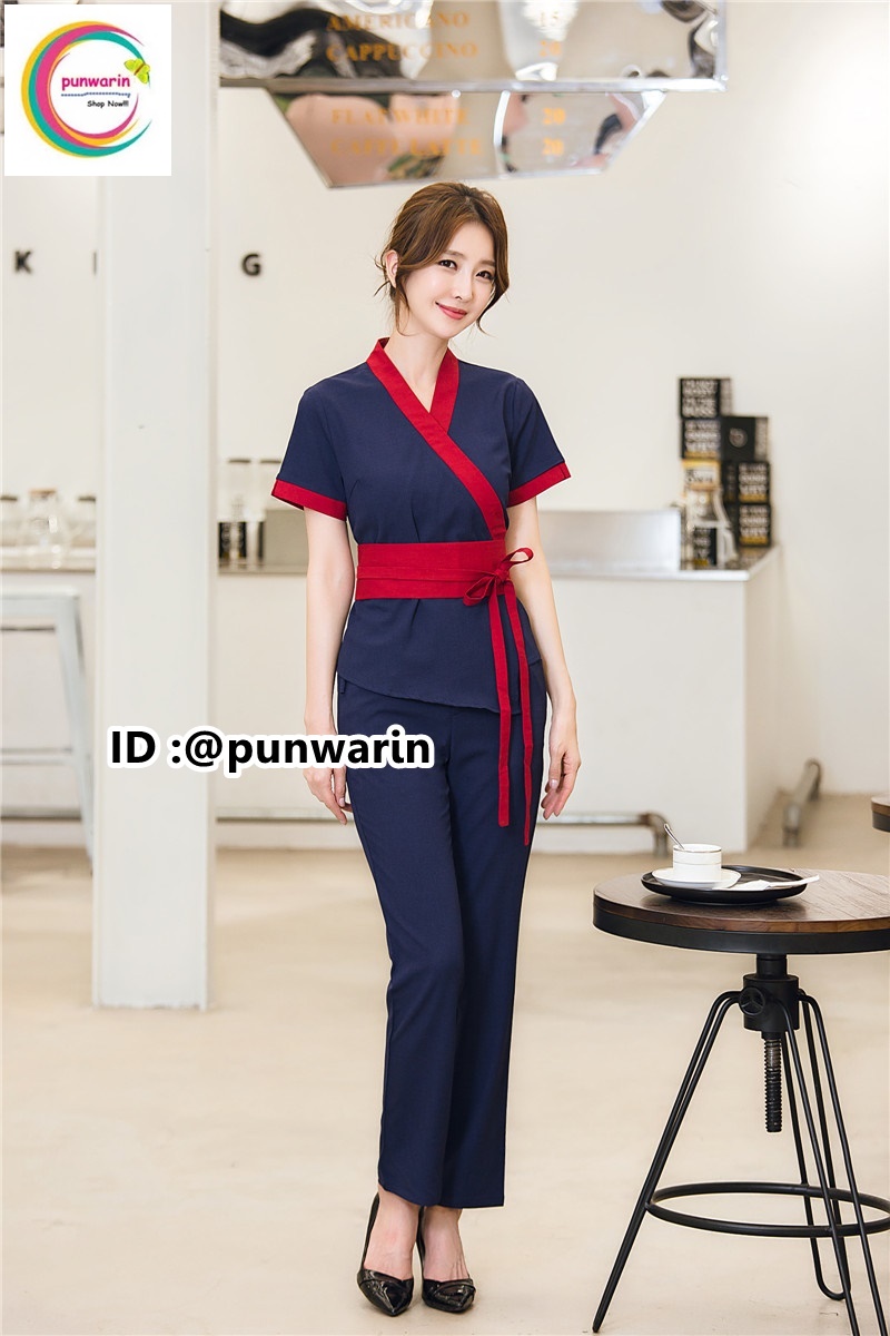 ชุดพนักงานนวดสปา ชุดพนักงานเสริมสวย ชุดสปาชุดนวดหญิง กรมท่าขลิบแดง S-3xl T6401003 ชุด