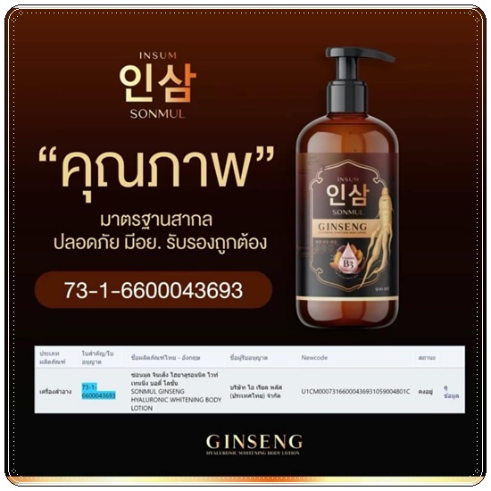 หัวเชื้อโสมอินซัม Insum Sonmul Ginseng Hyaluronic Whitening Body Lotion