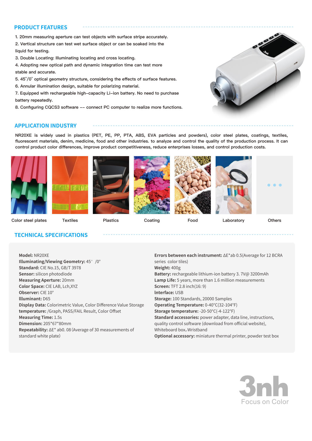 3nh รุ่นNR-20XEเครื่องวัดค่าสีความละเอียดเเละแม่นยำสูง,Precision Colorimeter,Measuring Aperture:Ø20mm,Geometry:45°/0°