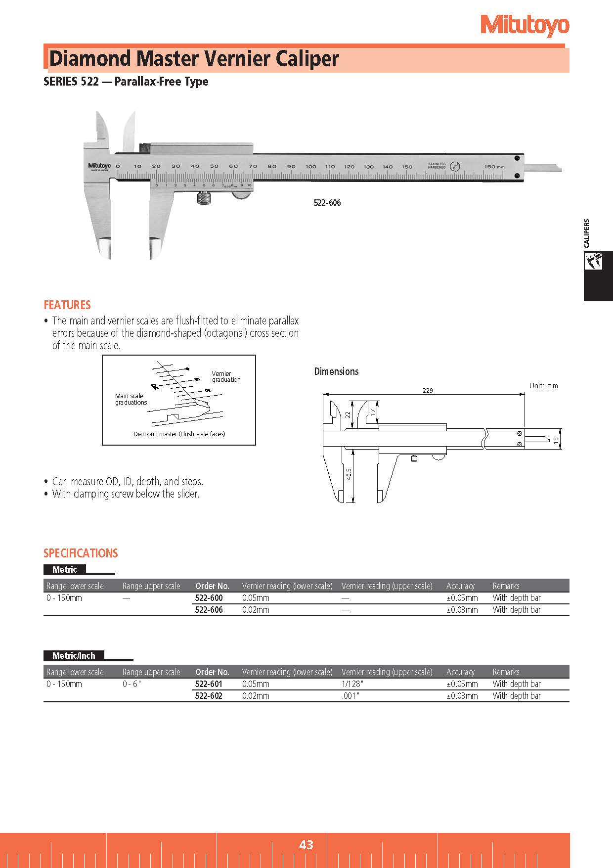 Diamond Master Vernier Caliper SERIES 522 — Parallax-Free Type