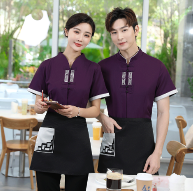 เสื้อฟอร์มพนักงานร้านอาหารกาแฟโรงแรม แขนสั้น แดง น้ำเงิน ม่วง น้ำตาล L-4XL SKU-04157 เสื้อ ** ขั้นต่ำ 2 ตัว
