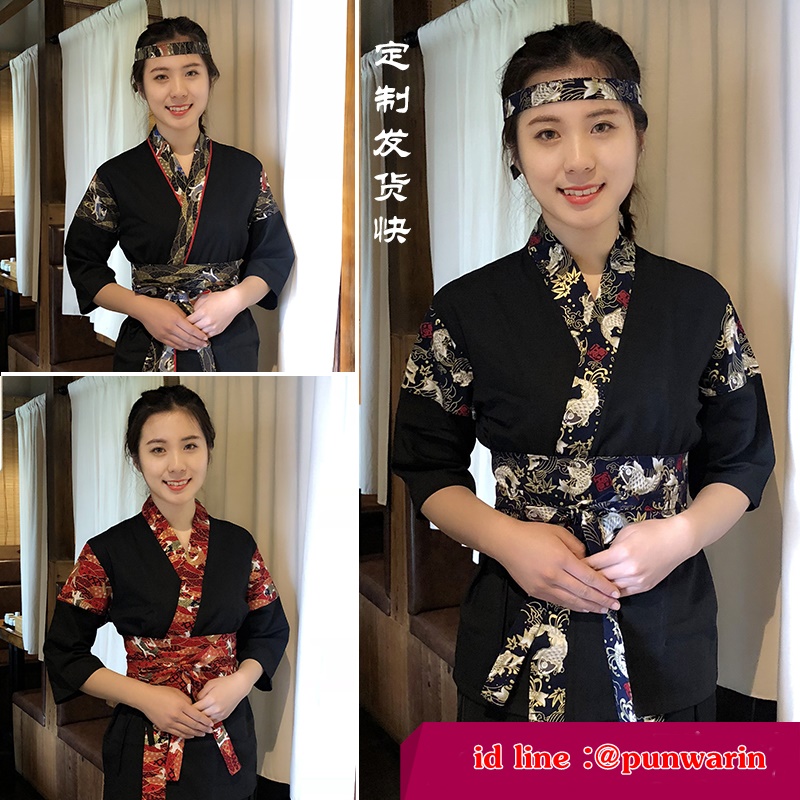 ชุดผ้าฝ้ายซูชิกิโมโนสไตร์ญี่ปุ่น สำหรับห้องอาหารญี่ปุ่นเกาหลี เสื้อพนักงานต้อนรับ G6304001 เสื้อตัวเดียว