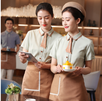 เสื้อฟอร์มพนักงานร้านอาหารกาแฟโรงแรม แขนสั้น เขียว ชมพู เทา L-3XL F6705014 เสื้อ+กันเปื้อน ** ขั้นต่ำ 2 ตัว