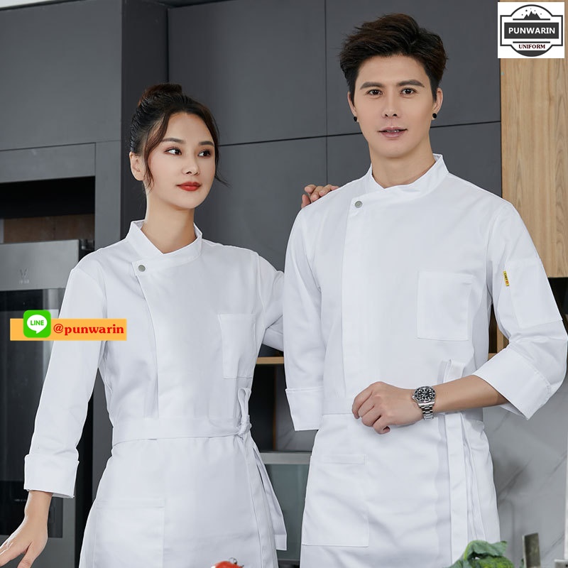 เสื้อเชฟ เสื้อพ่อครัว เสื้อแม่ครัว เสื้อพนักงานทำอาหาร เสื้อกุ๊ก แขนยาวและสั้น ภาพ M-4XL C6602003 เสื้อ+เปื้อน **2 ตัวขึ้นไป