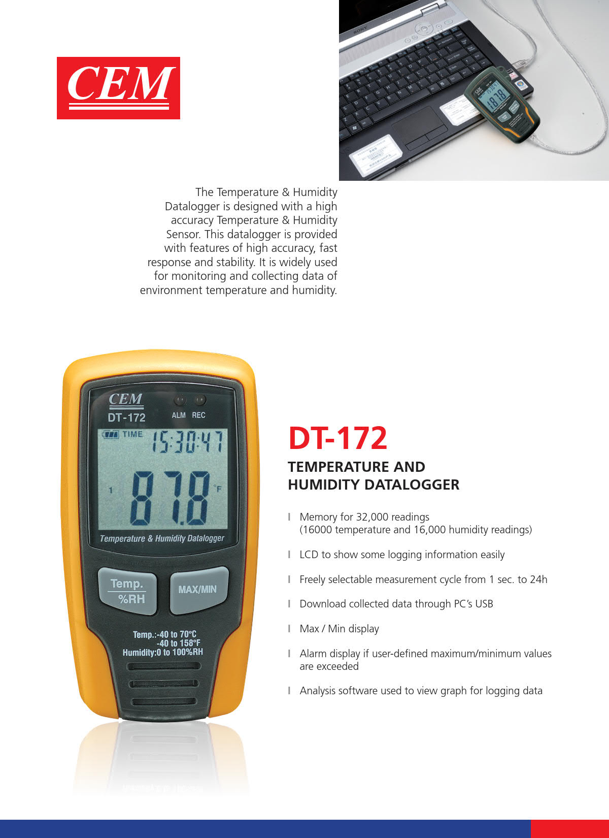 CEM รุ่นDT-172เครื่องบันทึกอุณหภูมิและความชื้นTemperature and Humidity Data Logger,Meas.range:-40~70°C