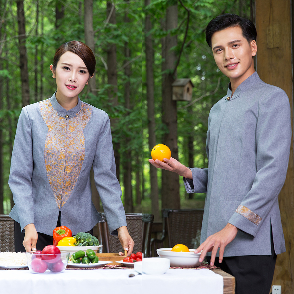 F6008001 เครื่องแบบชุดฟอร์มพนักงานร้านอาหารกาแฟโรงแรม แขนสั้นผ้าฝ้ายคอจีน (พรีออเดอร์) รอสินค้า 3 อาทิตย์หลังโอน F6008001 ตัว