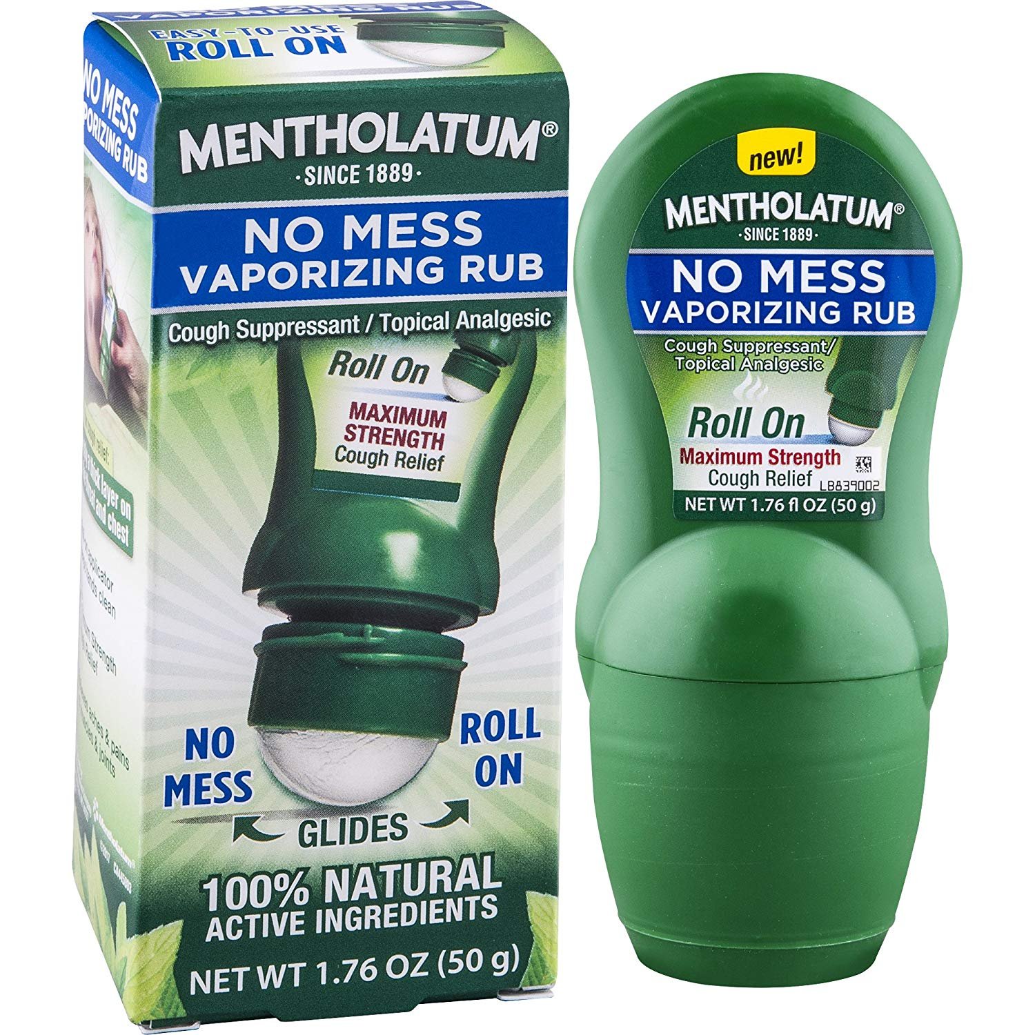 โรลออนบรรเทาการไอที่เกิดจากไข้หวัด Mentholatum No Mess Vaporizing Rub, 1.76 Ounce (50g) - 100% Natural Active Ingredients for Maximum Strength Cough Relief