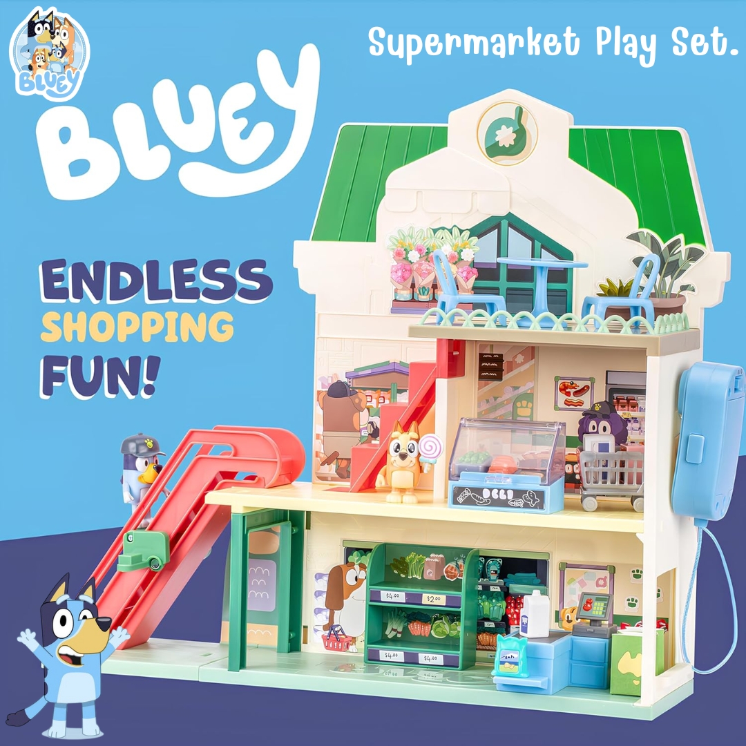 นำเข้า 🇺🇸 💙🧡 Bluey Supermarket Play Set พา Bluey และผองเพื่อนมาสนุกกับการซื้อของ ครบชุด และสินค้าจำลองน่ารักๆ ให้ลูกของคุณ