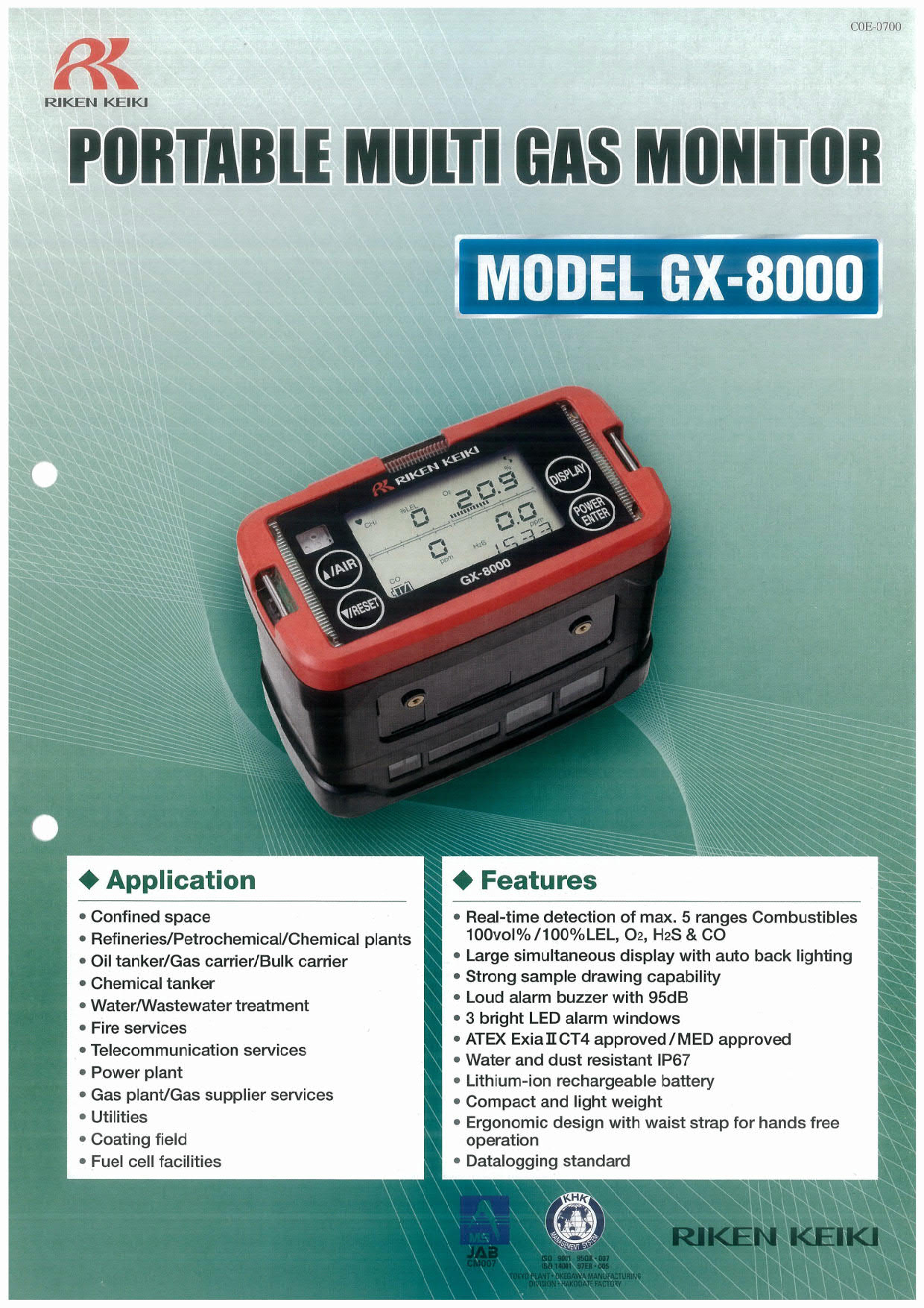 Riken รุ่นGX-8000-Eเครื่องตรวจวัดจับการรั่วไหลของก๊าซแบบพกพา,Portable Multi Gas Detector,Gas Monitor GX-8000(Type-E)